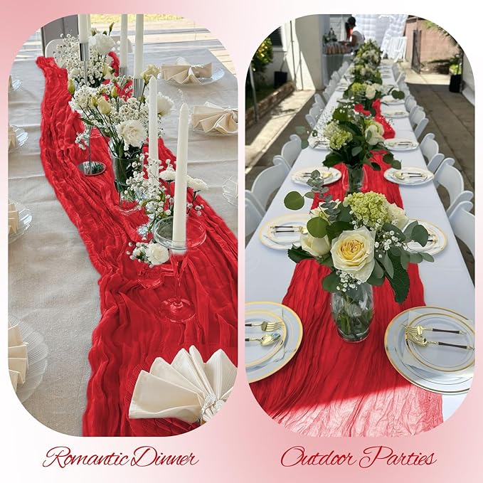 Pesonlook 20 Pack Cheesecloth Table Runner Red, Rustic Boho Gauze Fabric Table Runner Romantic Table Runner for Wedding, Festival, Birthday, Anniversary, Dinner and Outdoor Events (17.7 x 108 inch)