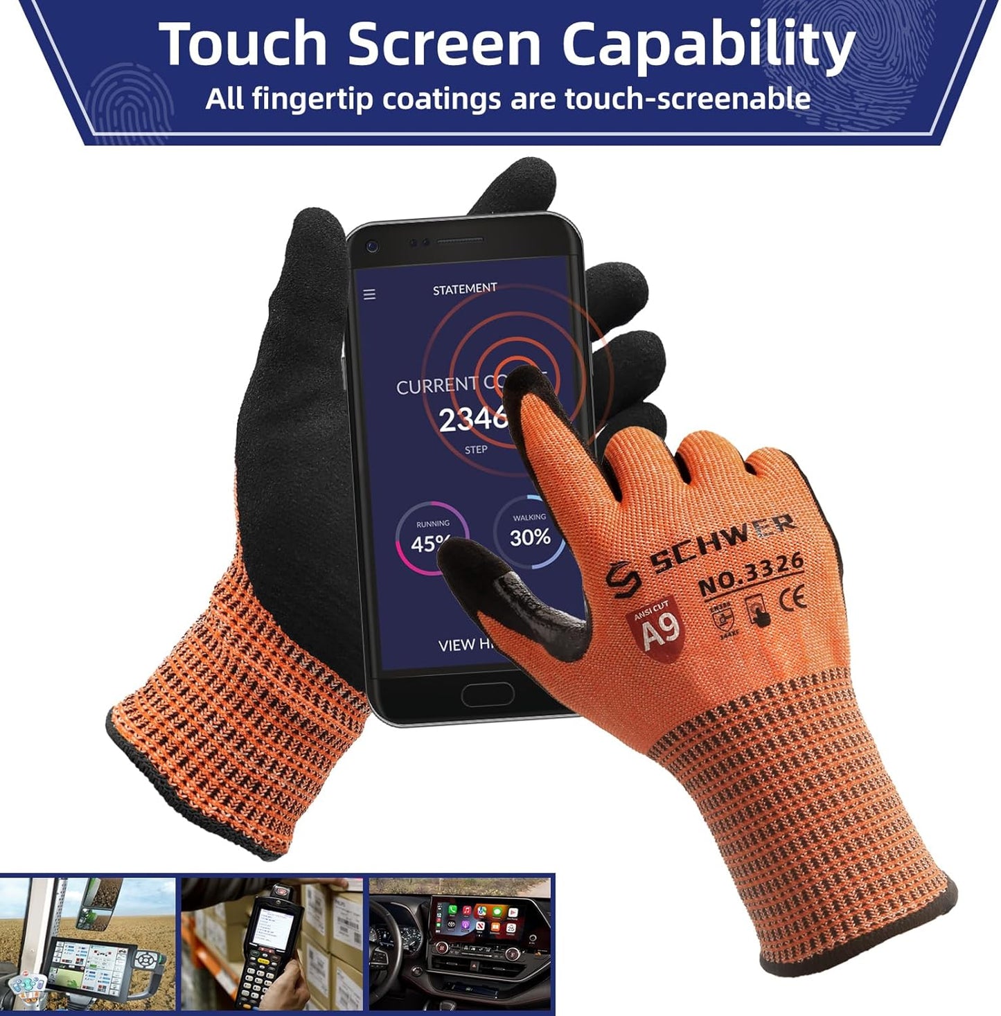 Schwer ProGuard Highest Level Cut Resistant Work Gloves PR3326 for Extreme Protection, ANSI A9 Cut Gloves with Reinforced Thumb, Non Slip, Non PFAS, Durable, Touch-screen, Orange 2 Pairs(XL)