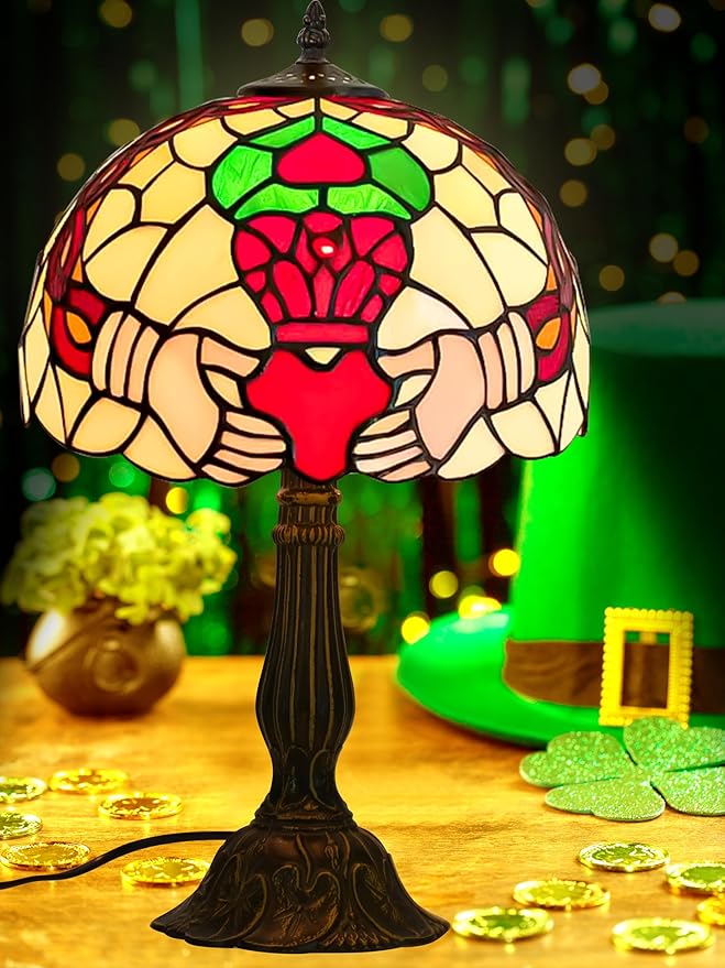 KY&BOSAM Tiffany Table Lamps Irish Gold Crown Celtic Light Stained Glass Art Style Desk Lamp19 Inche Tall 12 Inche Wide Lamp Shade1 Bulb Antique Zinc Base Living Room Bedroom St Patrick's Day Decor