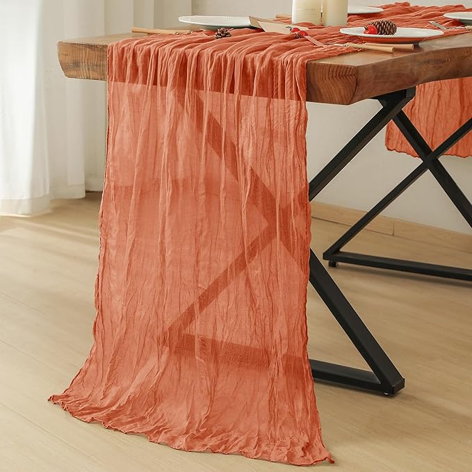 Leetaltree 2 Pack Orange Boho Rustic Cheesecloth Table Runner, 35x120 Inch, Decorative Table Runners for Bridal, Baby Shower, Wedding Table Decorations