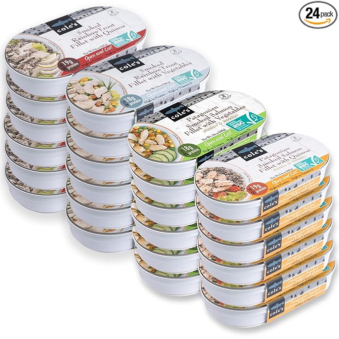 COLE’S Open & Eat Meals Variety Pack | 5.6 oz Hand-Packed Smoked Salmon & Trout with Quinoa & Vegetables | Ready to Eat Meals | High Protein - 24 pack