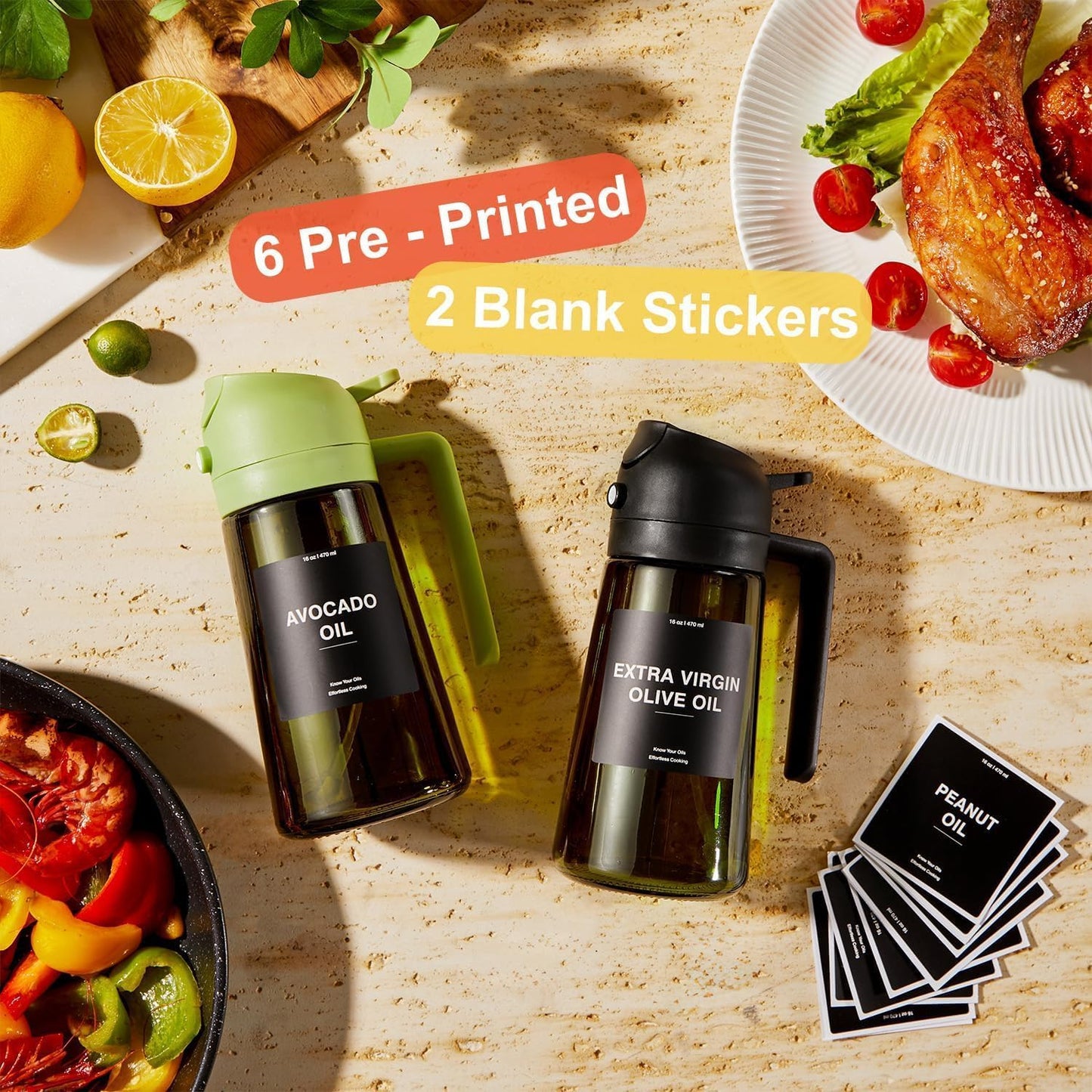CXINYI - 16oz/470ml Olive Oil Dispenser for Kitchen with Stickers - 2 in 1 Olive Oil Sprayer for Cooking, Air Fryer, and Salad, Blue (Light-Proof Kitchen Gadget)