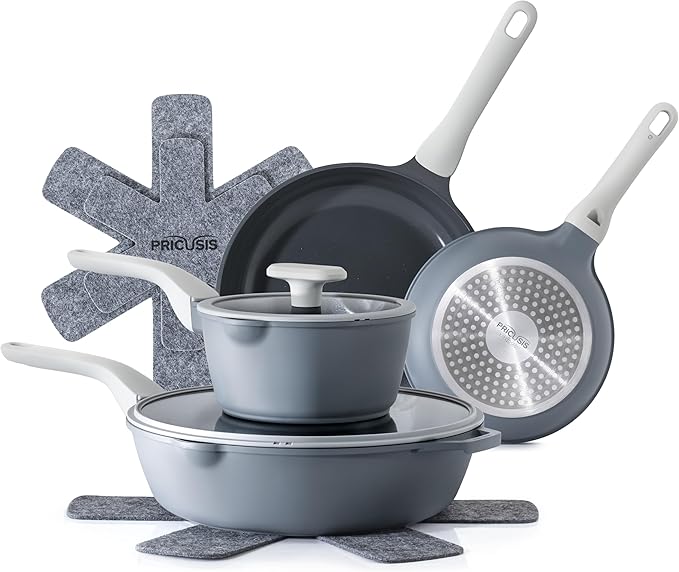 PRICUSIS Ceramic Pots and Pans Set Nonstick, 9Pcs Nontoxic Induction Cookware Set, Dishwasher Safe, Stay Cool Handle, PTFE PFOA & PFAS Free, Gray