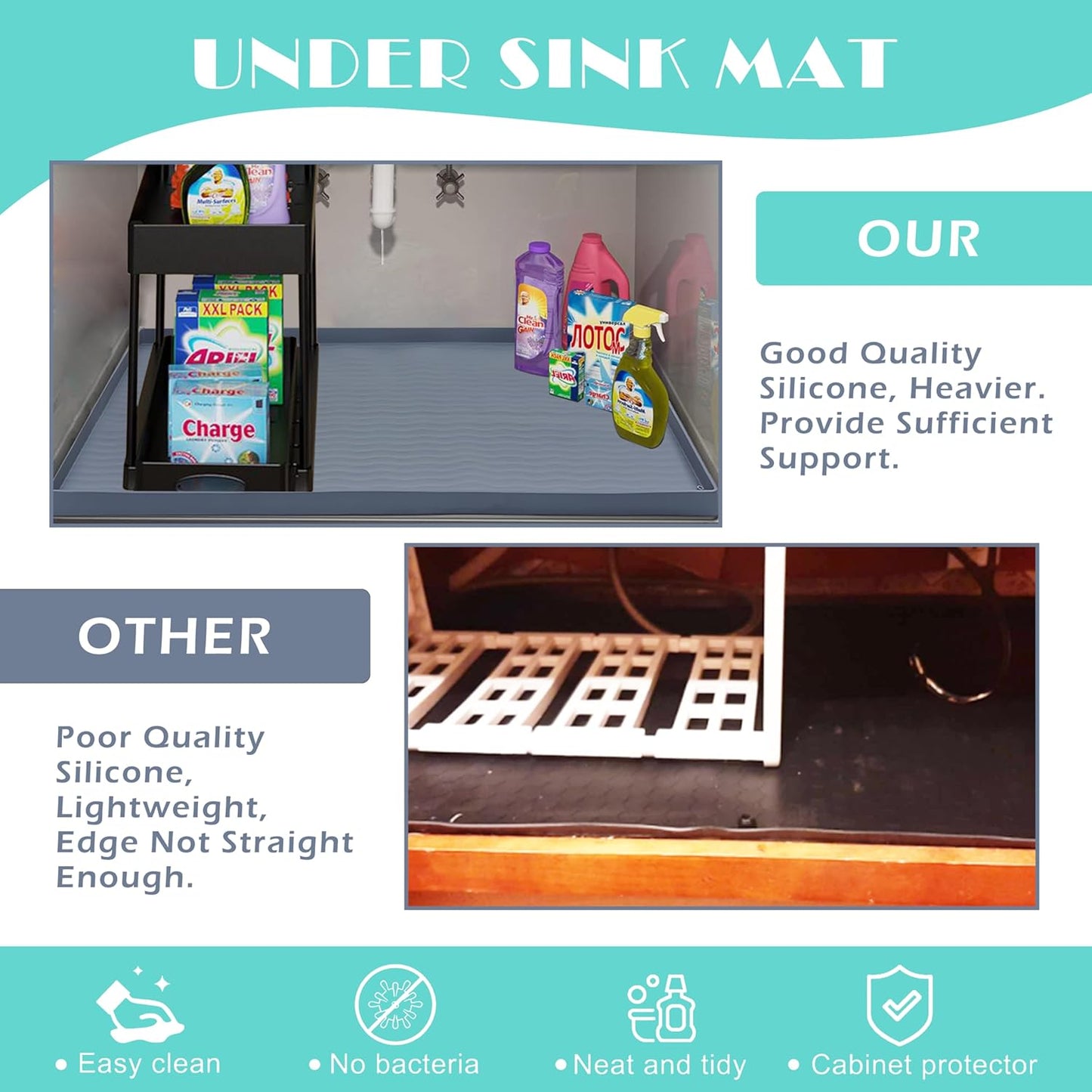 URMONA Waterproof Silicone Under Sink Mat 34'' x 22'' Shelf Liner for Kitchen and Bathroom, Cabinet and Counter Protector, Storage and Organizers, Litter Mat, Pet Cat Puppy Essentials(Cream)