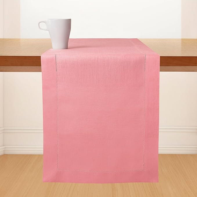 D'Moksha Homes Linen Dusty Pink Table Runner 36 Inches - 100% Pure Linen Small Table Runner 14 x 36 Inch Ideal for Dresser, Coffee Tables, Winter, Christmas, Holiday, New Year - Classic Hemstitch