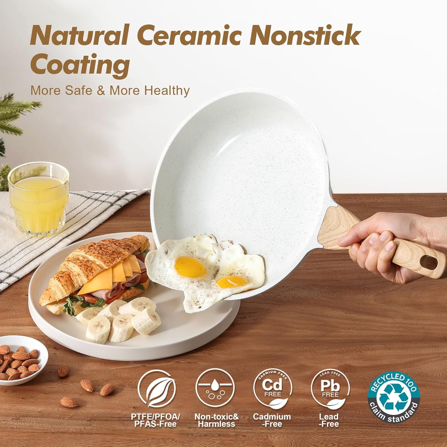 SENSARTE Nonstick Frying Pan Skillets, White Ceramic Coating Omelette Pans, Healthy Cookware Chef's Pan, Free of Intentionally Added PTFE & PFAS (8+11Inch with Lid)