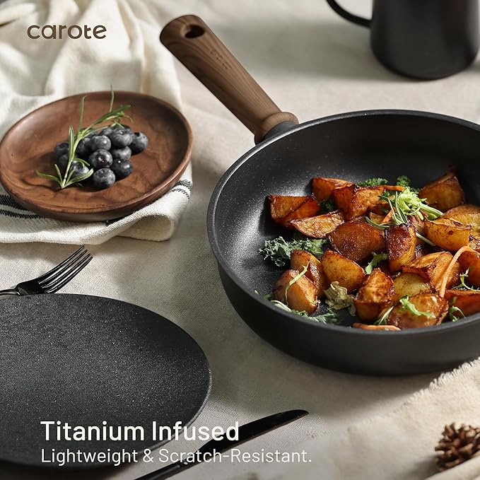 CAROTE 44pcs Nonstick Kitchen Cookware Sets, Nonstick Pots and Pans, Induction Cookware Set Kitchen Cooking Sets, Non Stick w/Frying Pan,Black
