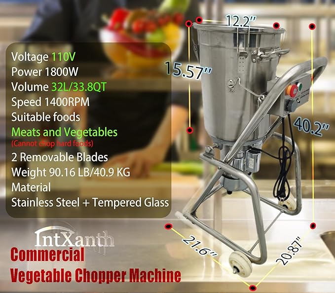 32L Commercial Food Processor, 1800W Stainless Steel Meat Grinder, Vegetable Cutter, Blender, Chopper with 2 Mobile Wheels Tiltable Bucket, for Fruits, Ginger, Garlic, Meat