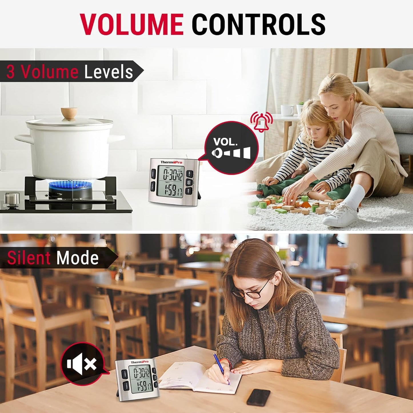 ThermoPro TM02 Digital Kitchen Timer - Dual Countdown Function with Magnetic Backing, Adjustable Alarm & Backlit LCD Display, Ideal for Cooking, Baking and as 24-Hour Shower Clock for Kids