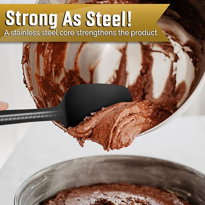 Premium 600F High Heat Resistant Silicone Spatula 2 Set Sturdy Handle Created for Cooking, Baking and Mixing, One Piece Design, Non-Stick, Strong Stainless Steel Core (Black)