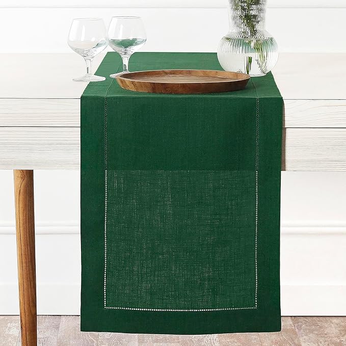 D'Moksha Homes Linen Forest Green Table Runner 120 Inches Long - 100% Pure Linen Hemstitch 14 x 120 Inch Table Runner for Dining, Winter, Christmas, Holiday, New Year - Classic Hemstitch