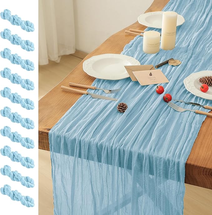 Leetaltree 10 Pack Blue Cheesecloth Runner, 35x120 Inch Boho Rustic Cheese Cloth for Table, Decorative Runners for Bridal Baby Shower or Wedding Decorations