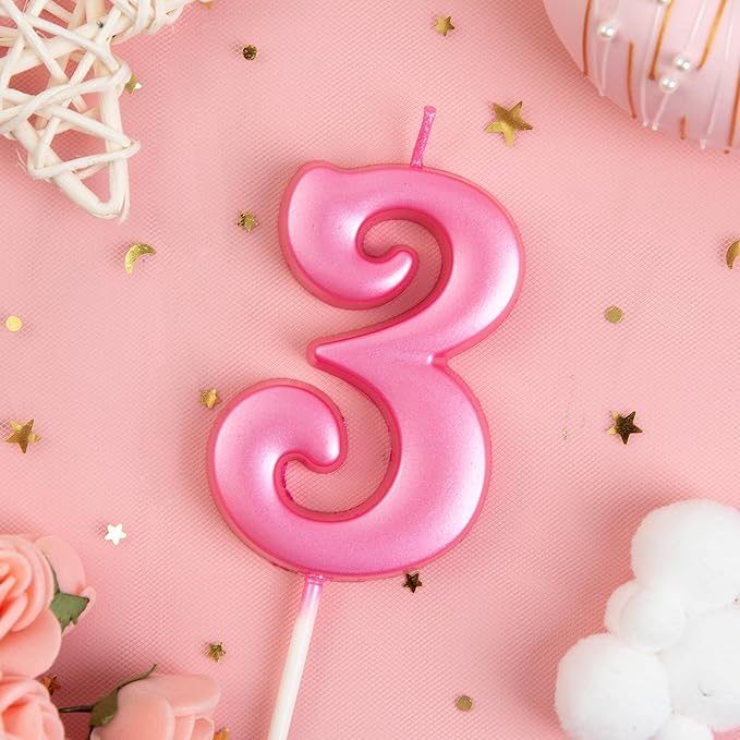 PHD CAKE 2.76 Inch Elegant Pink 3 Number Birthday Candles, Pink Number Candles, Cake Number Candles, Party Celebration