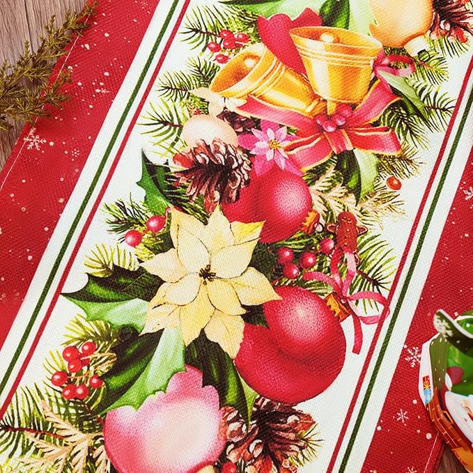 Christmas Table Runner,Red Flower Poinsettia Bells Christmas Runners Table Decoration for Indoor Outdoor Home Party Decor 13x72 Inch (Christmas Bells)