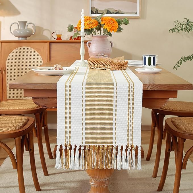 Niviy Gold Table Runner with Tassels, 90 Inches Long Farmhouse Macrame Cotton Linen Woven Runners for Summer Home Decor, Gold Table Decorations for Event Party, Christmas (Yellow, 12"×90")