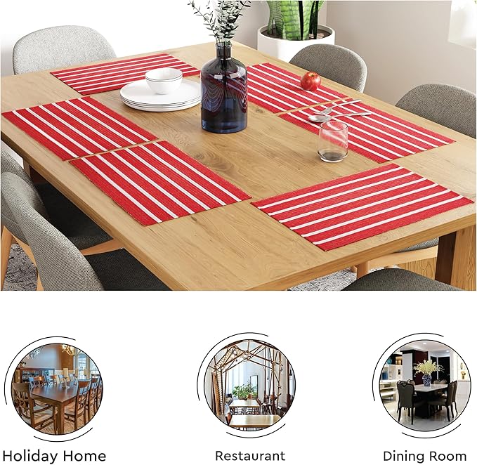 Encasa XO Dining Placemat Set of 6 | Solid Roma Red Stripes Color | Fine Ribbed Cotton Table mat | Size 19x13 in |for Dining Table Fall Decoration, Holiday & Christmas Festivals - Machine Washable