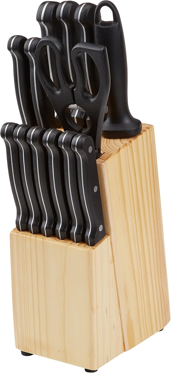 Amazon Basics 14-Piece High Carbon Stainless Steel Kitchen Knife Set with Sharpener and Pinewood Block, Black
