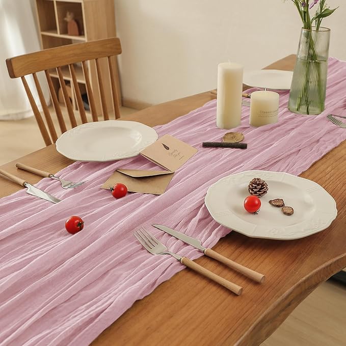Leetaltree 4 Pack Pink Cheesecloth Table Runner, 35x120 Inch Boho Rustic Cheese Cloth Table Runner, Decorative Table Runners for Bridal Baby Shower Decorations or Wedding Table Decorations
