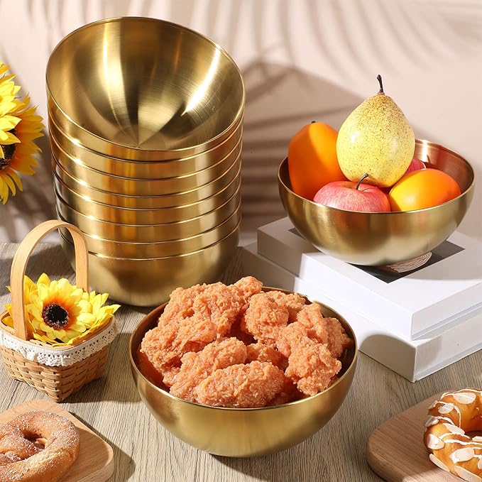 Nuogo 15 Pcs Gold Mixing Bowls Metal Stainless Steel Esthetician Bowl for Christmas First Holy Communion Wedding Fruit Salad Cereal Facial Serving Cooking Baking Prepping, 5.9 Inches