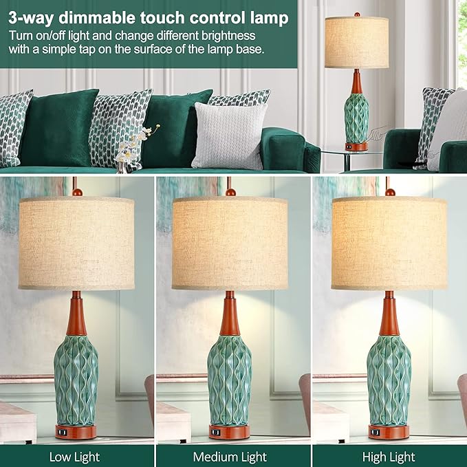 Vintage Table Lamps for Living Room Set of 2, Retro Bedside Lamp for Bedroom with USB Port, MCM Teal Ceramic 3-Way Dimmable Nightstand Lamp with Oatmeal Linen Shade (Bulb Included)