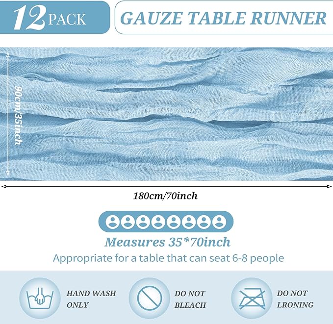 12 Pack Cheesecloth Table Runner 35 x 70 inch Long Boho Cheese Cloth Gauze Table Runners Semi Sheer Table Runner for Wedding Decor, Bridal Shower, Birthday Party (Light Blue)