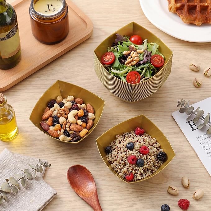 Tanlade 50 Pcs Square Plastic Serving Bowls Disposable Snack Salad Bowl Small Party Candy Bar Containers Taco Bar Serving Dishes for Buffet Chips Fruit(4 oz,Gold)