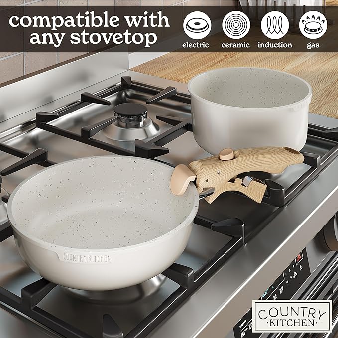 Country Kitchen Cookware Set with Removable Handle, Oven & RV Safe Pots and Pans Set, Cream Gold Speckle Wood Handle, Original