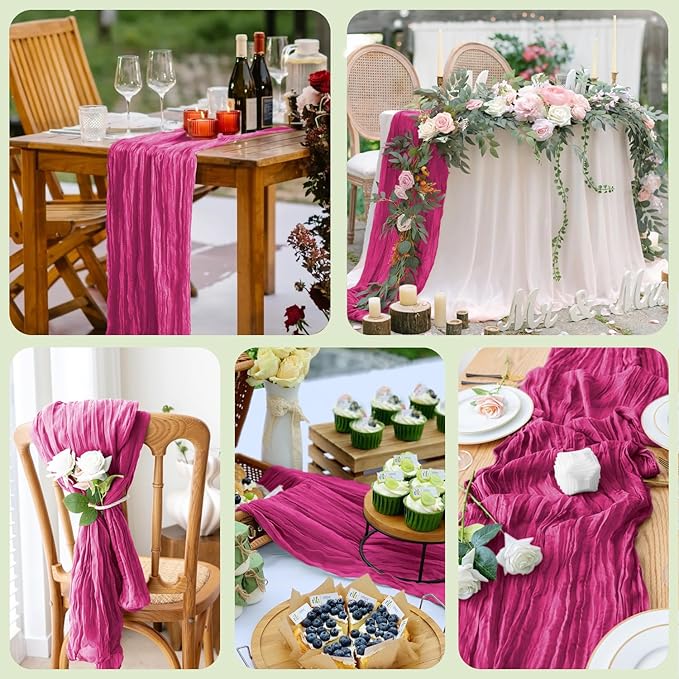 Wokceer Cheesecloth Table Runner Fuchsia 10FT Boho Gauze Cheese Cloth Table Runner for Party Long Rustic Sheer Table Runners for Baby Bridal Shower Wedding Easter Table Decor