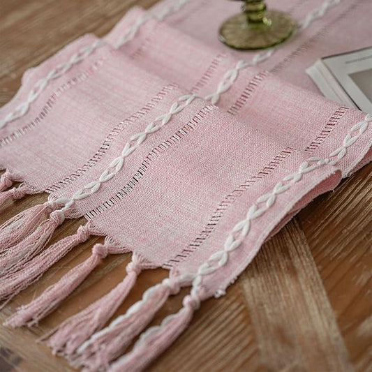 Niviy Table Runners 90 Inches Long with Tassels - Gifts for Her, Pink Boho Embroidered Table Runner Farmhouse Rustic Linen Runners for Wedding Party Baby Shower Home Decor (Pink, 12"×90")