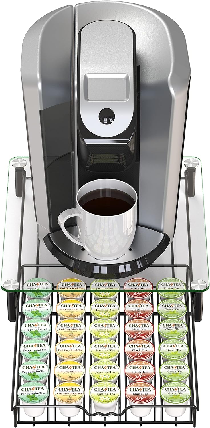 Deco Brothers Crystal Tempered Glass K-Cup Holder Drawer for 30 Coffee Pods Storage, Black