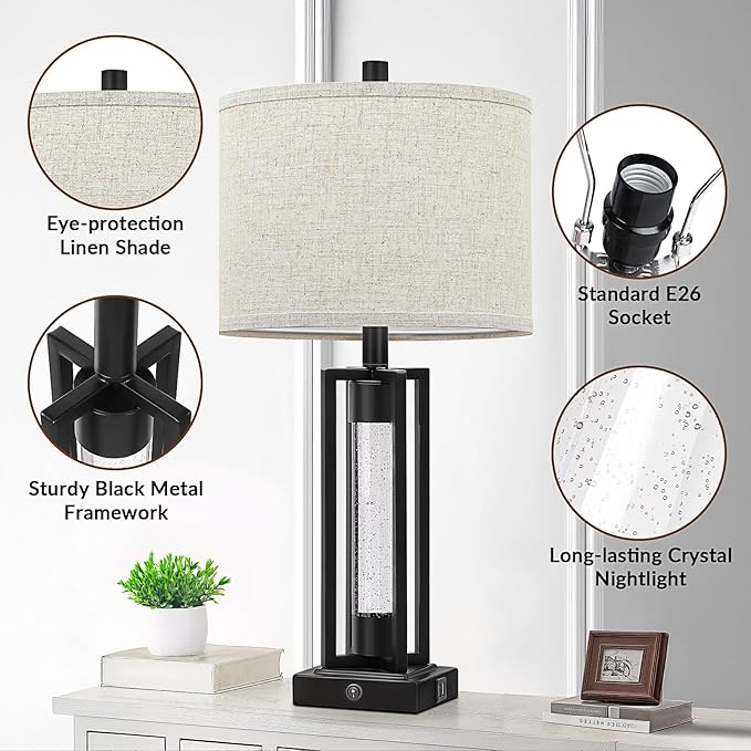 TOBUSA 26’’ Farmhouse Table Lamp for Living Room, Vintage Crystal Nightstand Lamp with 2 USB Ports, Rustic Bedside Lamp with Fabric Shade, Modern Black Desk Lamp with Crystal Night Light for Bathroom