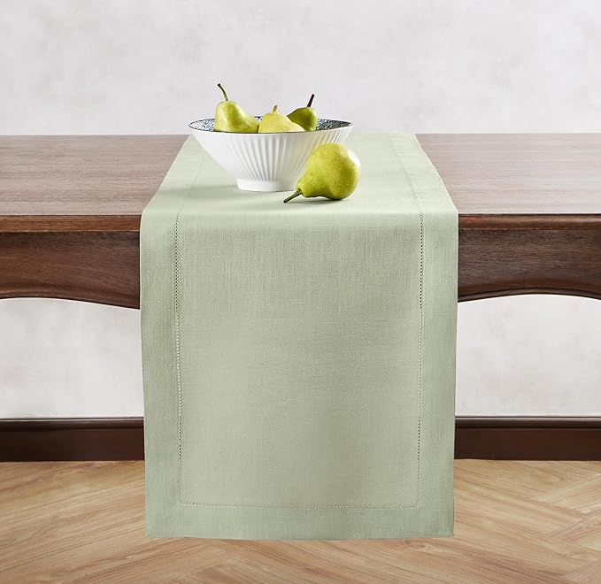 Home Ekaa Sage Green 100% Pure Linen Table Runner 36 inches – Small Hemstitch Runner 14x36 Inch Ideal for Dining & Coffee Table - Fall,Christmas, Winter, Holiday & New Year – Elara