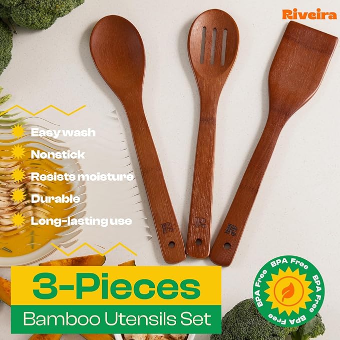 Riveira Premium Brown Bamboo Wooden Spoons for Cooking Set of 3 – Premium Brown Bamboo Wooden Cooking Utensils, Wooden Spatula, Wooden Spoon - Premium Quality Utensil Set for Non-Toxic Cooking