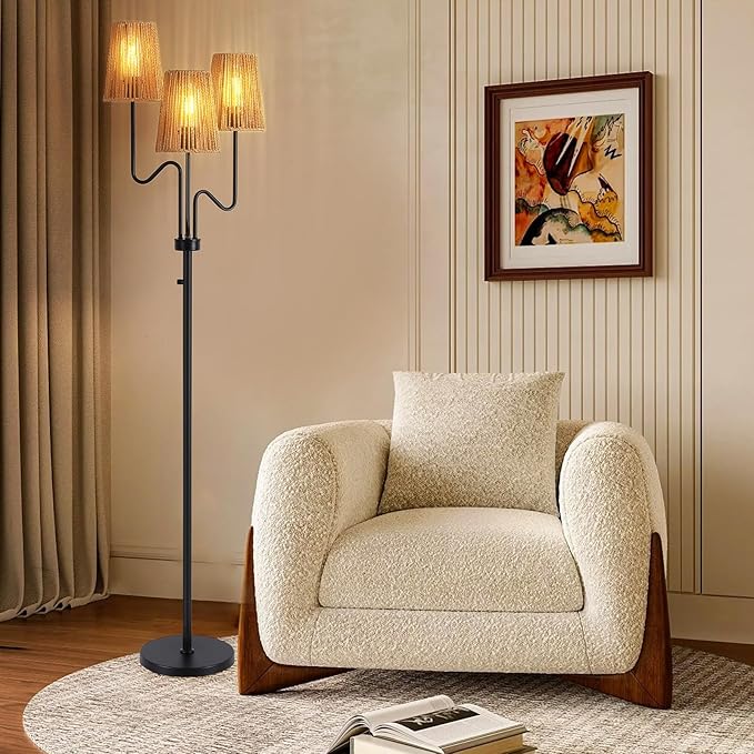 9MMML Farmhouse Boho Dimmable Floor Lamp with Rattan Shade, 68'' Tall Floor Standing Lamp, 3-Light Floor Lamp for Living Room, Bedroom, Office, Corner, 3 x E26 LED Bulb Included