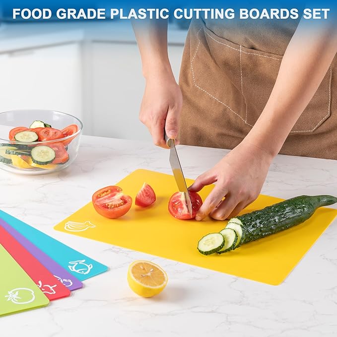 Flexible Cutting Boards with Hanging Hole, Food Icons - BPA Free, Non Slip for Meat & Veggies