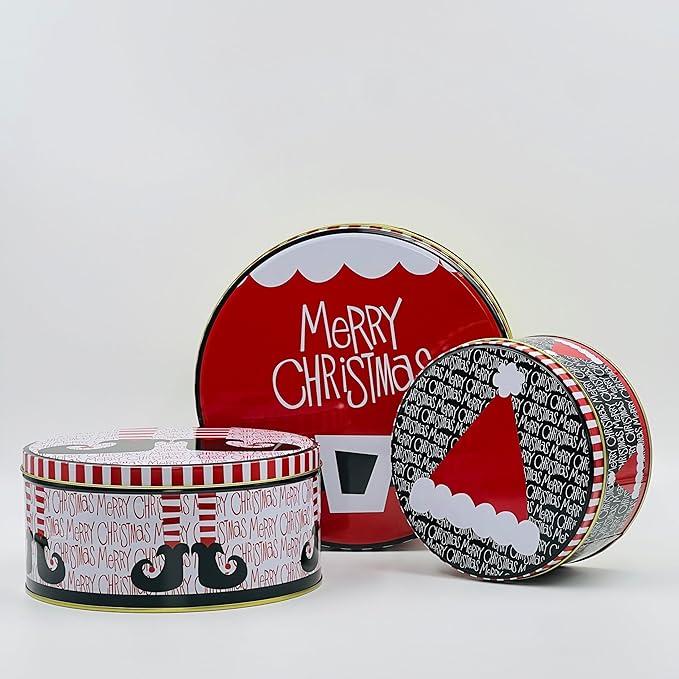 Pack of 3 Round Metal Nesting Tins – Stackable Christmas Cookie Tins with Lids for Kids' Cookies, Candy, Snacks, Crafts & Kitchen – Fun Xmas Elf Hat Design