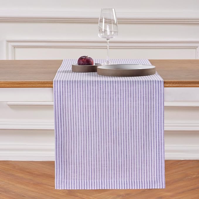 Solino Home Linen Table Runner 36 Inches - Narrow Stripe 100% Pure Linen Lavender and White Farmhouse Table Runner 14 x 36 Inch Ideal for Dresser and Coffee Tables - Christmas, New Year