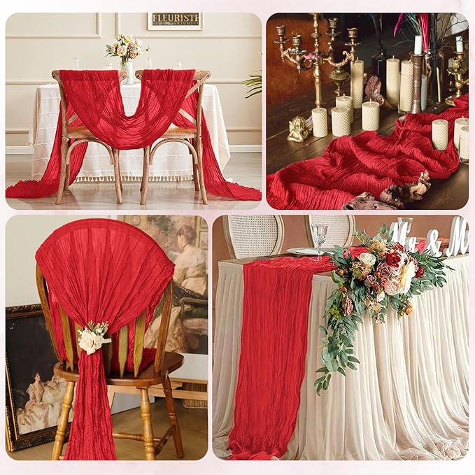 12 Pack Red Cheesecloth Table Runner 17x108 Inch Semi Sheer Boho Gauze Cheese Cloth Fabric Table Runners, for Wedding Party Baby Shower Birthday Home Decor Garden Farmhouse