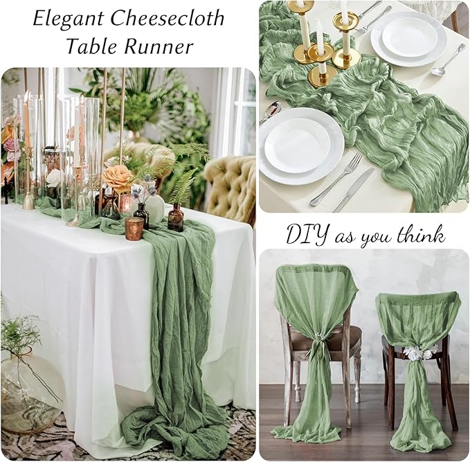 12 Pack Sage Green Table Runner 10FT Cheesecloth Table Runner 21 x 120 inch Boho Gauze Cheese Cloth Table Runner Rustic Sheer Table Runner for Party Wedding Bridal Baby Shower Birthday Table Decor