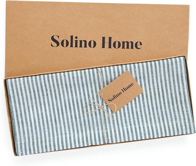 Solino Home Linen Table Runner 48 Inches - Narrow Stripe 100% Pure Linen Rainforest and White Farmhouse Table Runner 14 x 48 Inch Ideal for Dresser and Coffee Tables - Christmas, New Year