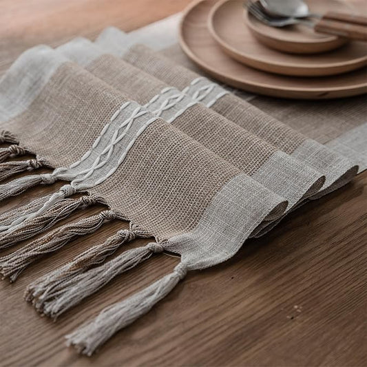 Niviy Farmhouse Table Runner, Embroidered Striped Braided Coffee Boho Table Runner, Cotton Linen Farmhouse Table Decoration for Holiday Party 12 x 90 Inches
