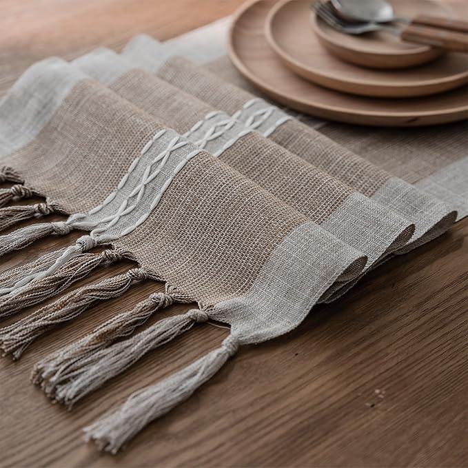 Niviy Farmhouse Table Runner, Embroidered Striped Braided Coffee Boho Table Runner, Cotton Linen Farmhouse Table Decoration for Holiday Party 12 x 48 Inches