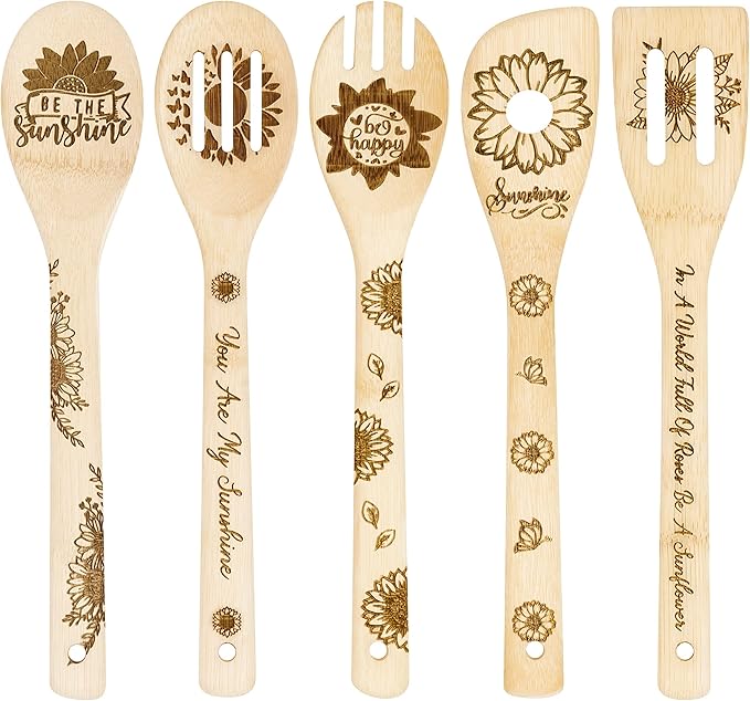 Eartim Sunflower Wooden Spoon Utensils - 5Pcs Summer Sunflower Theme Kitchen Cooking Utensil Set Natural Non-Stick Carve Burned Bamboo Cooking Spoon Slotted Spatulas Kitchen Tool Birthday Wedding Gift