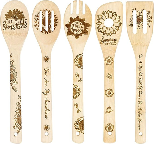 Eartim Sunflower Wooden Spoon Utensils - 5Pcs Summer Sunflower Theme Kitchen Cooking Utensil Set Natural Non-Stick Carve Burned Bamboo Cooking Spoon Slotted Spatulas Kitchen Tool Birthday Wedding Gift