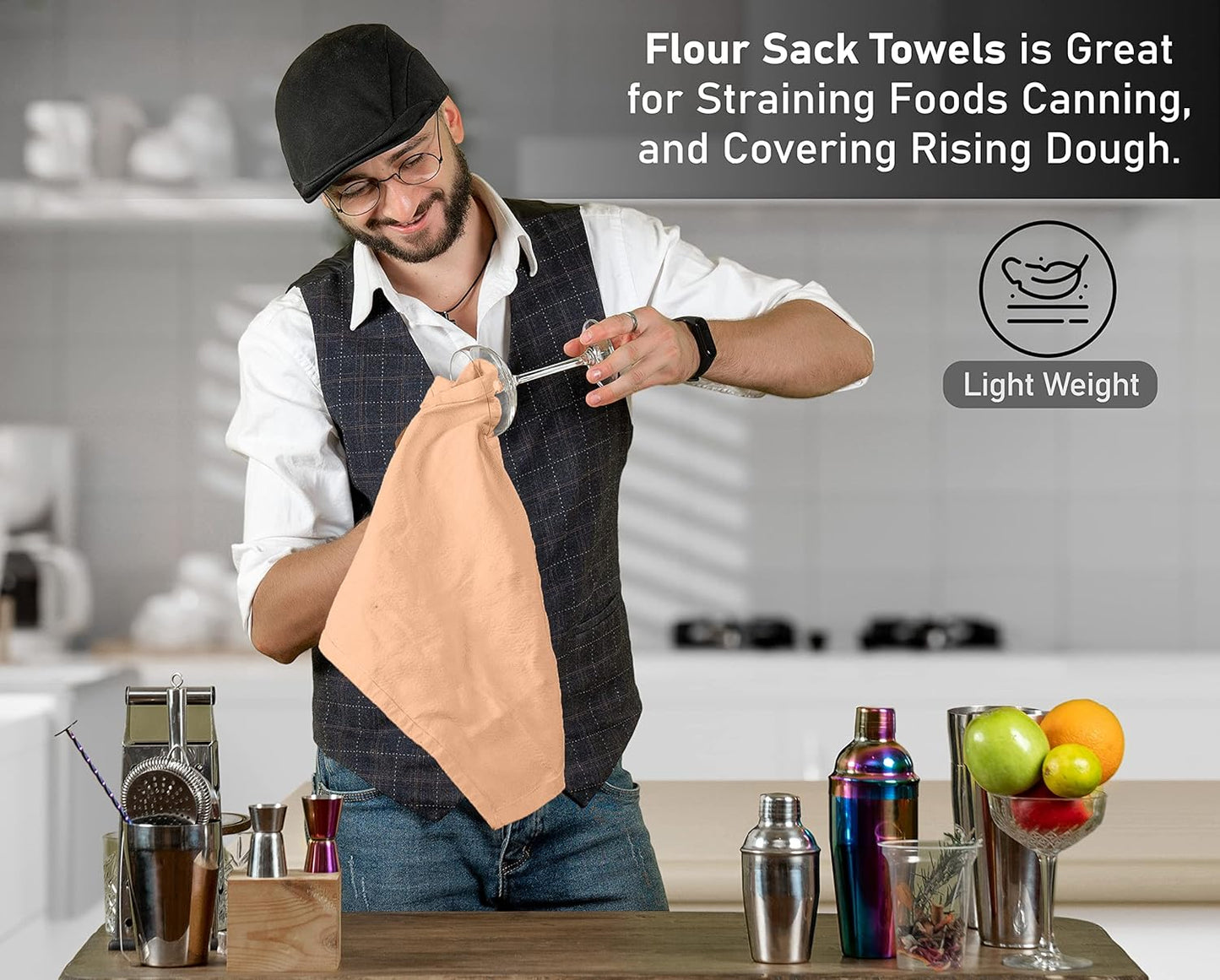 RUVANTI Flour Sack Towels 12 Pack 28 x 28 Inches, Ring Spun 100% Cotton Dish Towel, Machine Washable, Absorbent - Flour Sack Kitchen Towels for Drying and Cleaning - Peach