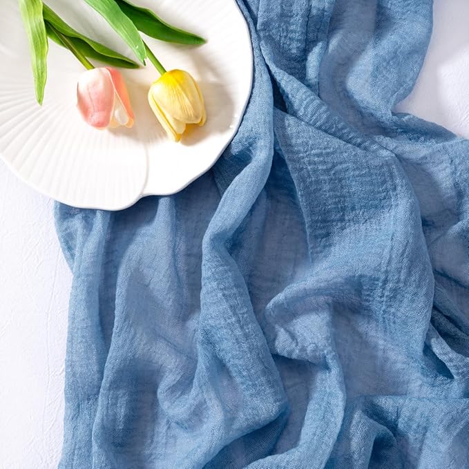 Socomi 6pcs Dusty Blue Fall Thanksgiving Gauze Cheesecloth Table Runner 120 Inch Rustic Boho Cheese Cloth Runner for Wedding Party Baby Bridal Shower Centerpiece Decoration Holiday Home Decorations