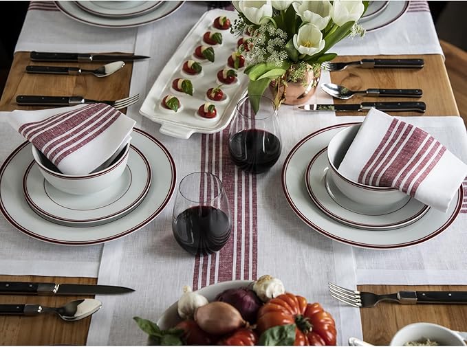 Solino Home Linen Table Runner 36 Inches - 100% Pure Linen Burgundy and White Farmhouse Table Runner 14 x 36 Inch Ideal for Dresser and Coffee Tables - Christmas, New Year