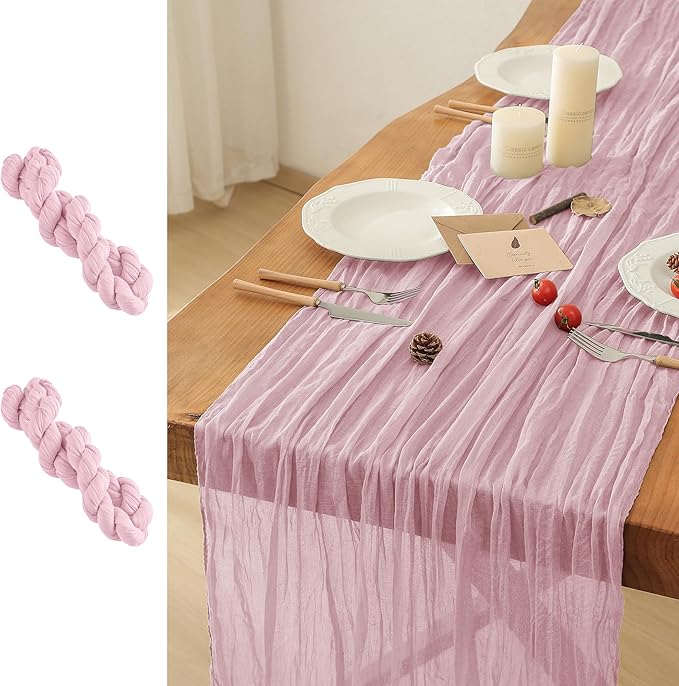 Leetaltree 2 Pack Pink Cheesecloth Table Runner, 35x120 Inch Boho Rustic Cheese Cloth Table Runner, Decorative Table Runners for Bridal Baby Shower Decorations or Wedding Table Decorations