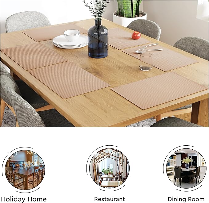Encasa XO Dining Placemat Set of 6 | Solid Solid Beige Color | Fine Ribbed Cotton Table mat | Size 19x13 in |for Dining Table Fall Decoration, Holiday & Christmas Festivals - Machine Washable