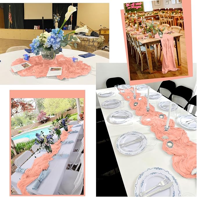 24 Pack Coral Table Runner 10Ft Cheesecloth Table Runner Rustic Gauze Table Runners Romantic Long Sheer Fabric Cheese Cloth Table Runners for Wedding Party Bridal Baby Shower
